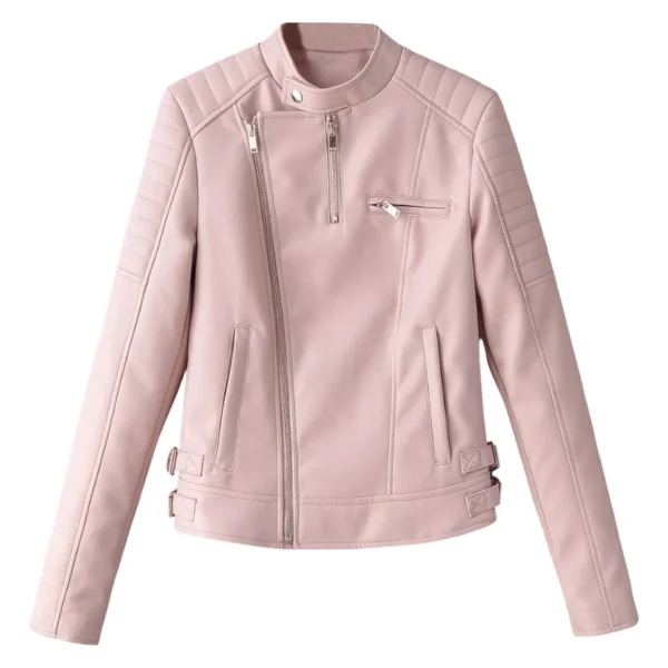 Womens Baby Pink Biker Genuine Sheepskin Quilted Shoulders Moto Racer Sporty Slim Fit Crossover Asymmetric Leather Jacket