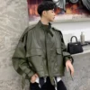 Mens Army Green Genuine Sheepskin Stand Collar Streetwear Oversized Loose Outfit Bat Sleeve Casual Fashionable Leather Jacket