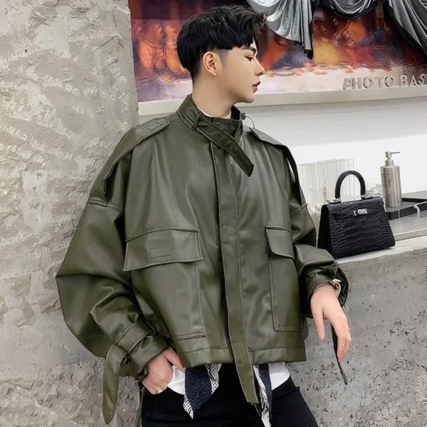 Mens Army Green Genuine Sheepskin Stand Collar Streetwear Oversized Loose Outfit Bat Sleeve Casual Fashionable Leather Jacket