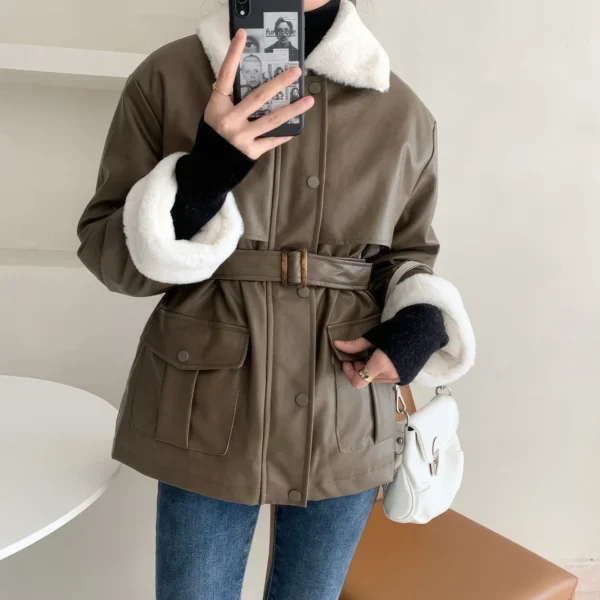 Womens Brown Genuine Sheepskin Sherpa Shearling Faux Fur Lined Belted Winter Warm Casual Fashion Loose Leather Jacket