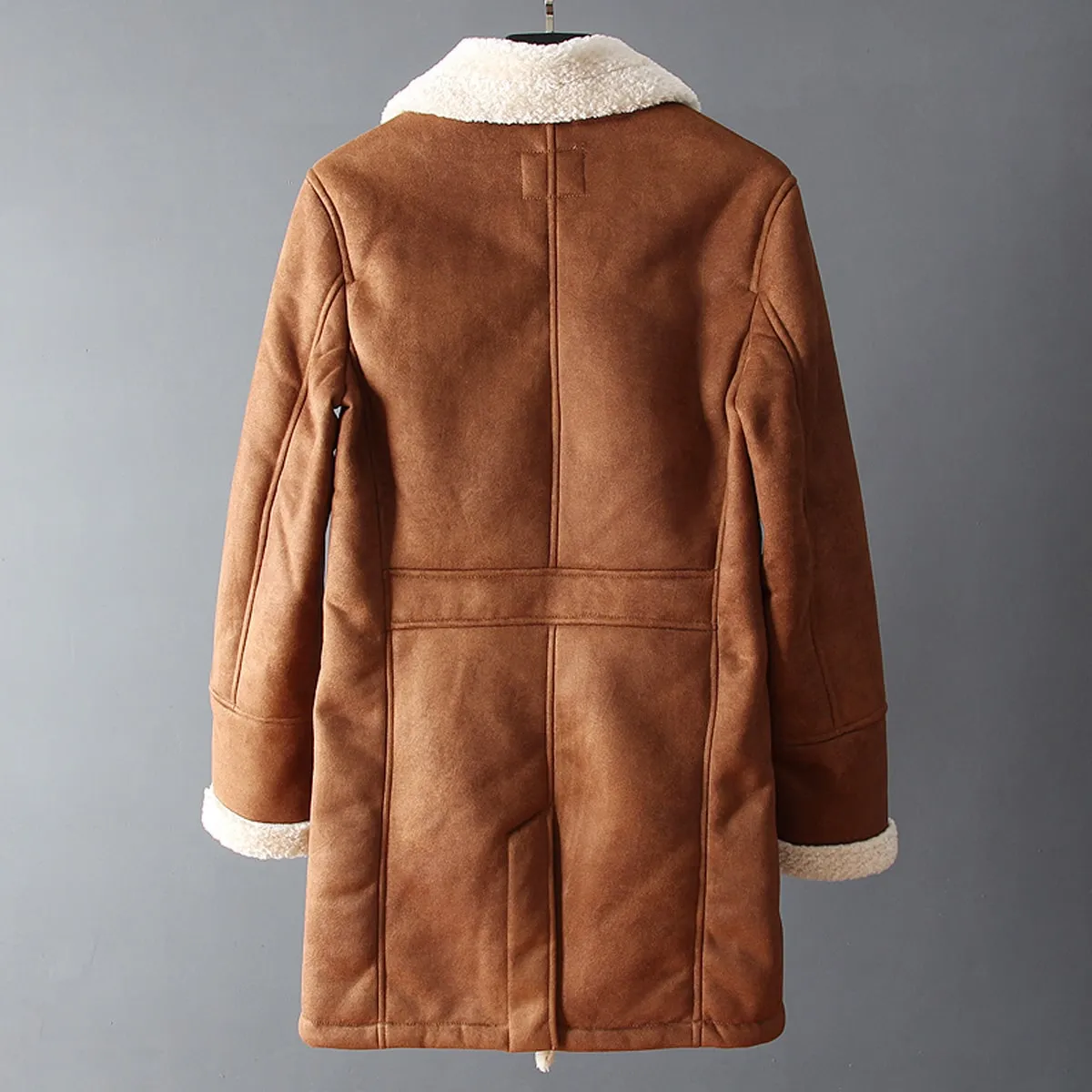 Mens Brown Suede Sherpa Shearling Faux Fur Lined Double Breasted Lapel Collar Winter Warm Casual Classic Rugged Trench Coat - Image 2