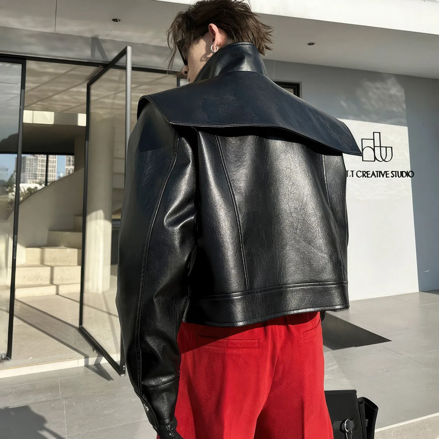 Mens Black Biker Genuine Sheepskin Stand Collar Oversized Fashion Designer Shoulders Punk Style Classic Rock star Leather Jacket - Image 2