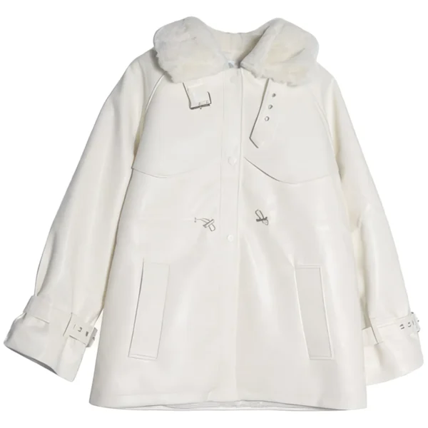 Womens White Genuine Sheepskin Sherpa Shearling Faux Fur Lined Casual Fashion Thick Oversized Waist Drawstring Leather Jacket