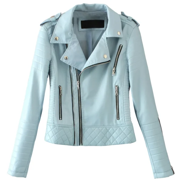 Womens Sky Blue Biker Genuine Sheepskin Lapel Collar CafÃ© Racer Outfit Quilted Design Sporty Crossover Asymmetric Rider Leather Jacket