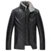 Mens Black Genuine Sheepskin Faux Fur Collar Quilted Shoulders Padded Thick Winter Warm Puffer Leather Jacket