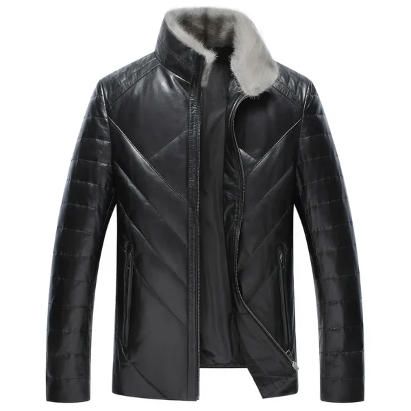 Mens Black Genuine Sheepskin Faux Fur Collar Quilted Shoulders Padded Thick Winter Warm Puffer Leather Jacket