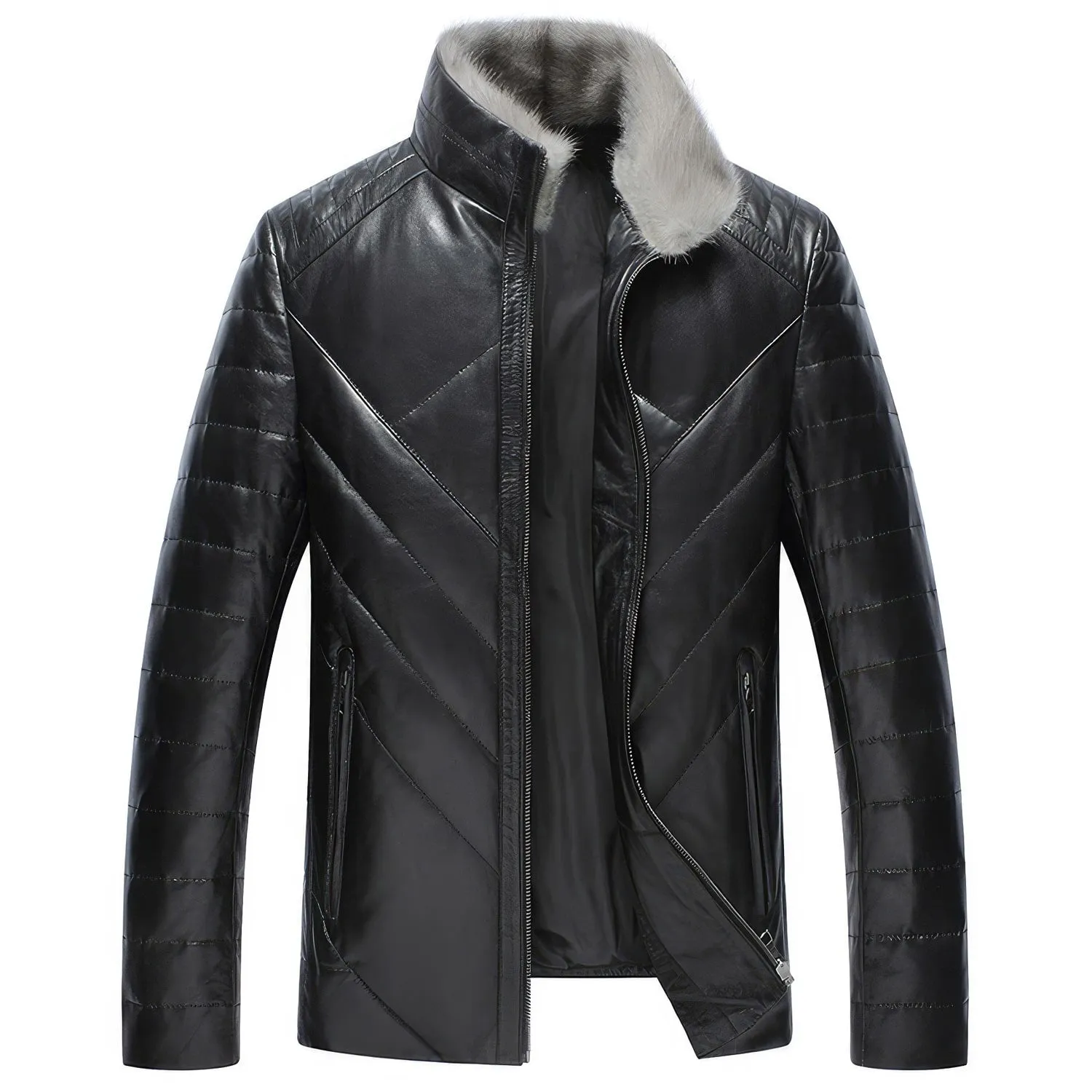 Mens Black Genuine Sheepskin Faux Fur Collar Quilted Shoulders Padded Thick Winter Warm Puffer Leather Jacket