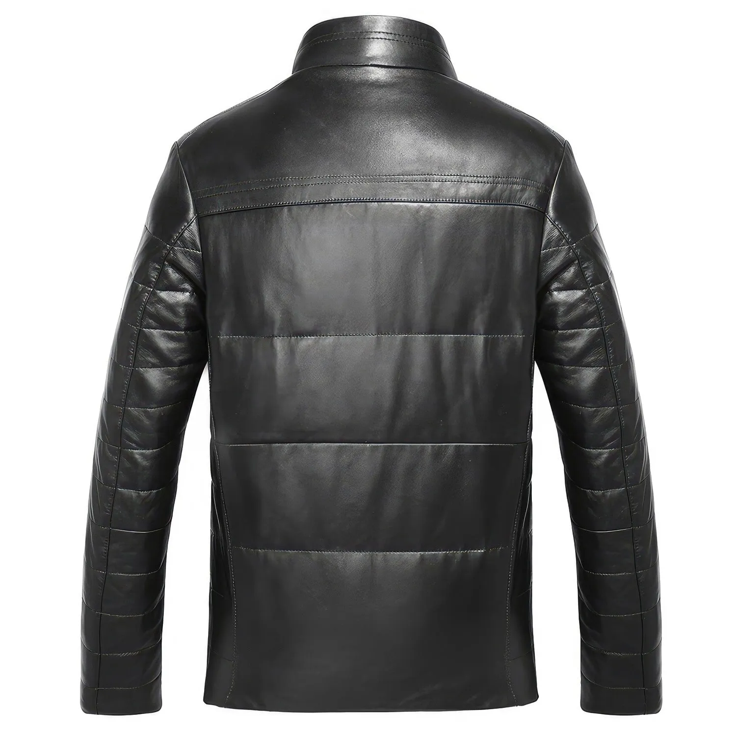 Mens Black Genuine Sheepskin Faux Fur Collar Quilted Shoulders Padded Thick Winter Warm Puffer Leather Jacket - Image 2