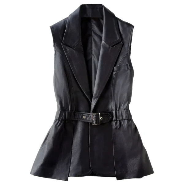Womens Black Genuine Sheepskin Lapel Collar Sleeveless Top Belted Motorcycle Sporty Biker Slim Fit Leather Waistcoat