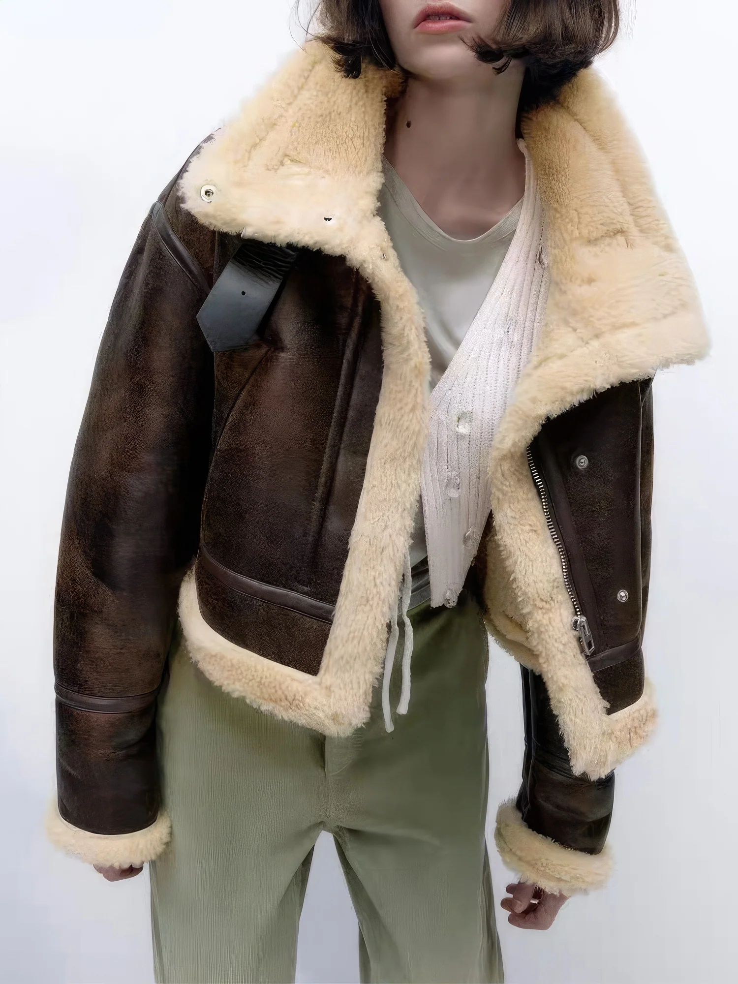 Womens Distressed Brown Genuine Lambskin Sherpa Shearling Faux Fur Lined Moto Biker Fashion Winter Thick Bomber Leather Jacket - Image 3