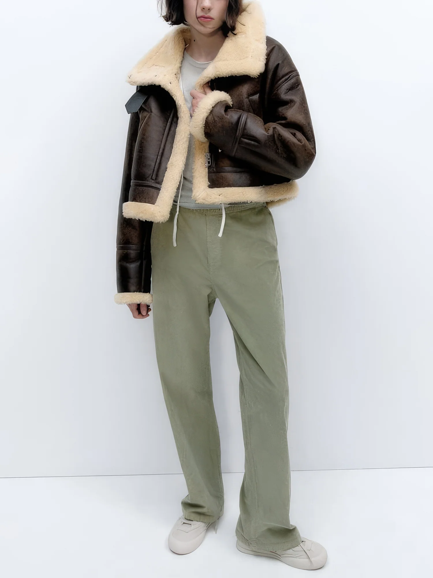 Womens Distressed Brown Genuine Lambskin Sherpa Shearling Faux Fur Lined Moto Biker Fashion Winter Thick Bomber Leather Jacket