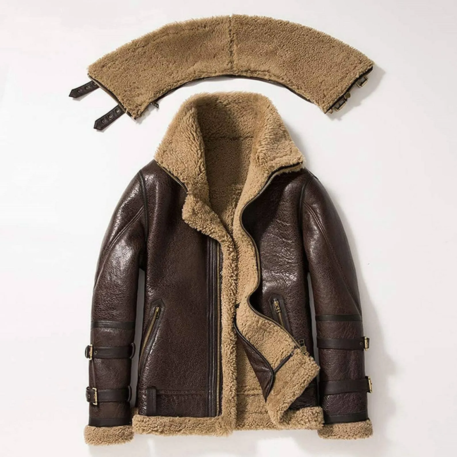 Men's B3 RAF Brown Bomber Jacket - Aviator Pilot Style, Flying Shearling Fur Lined, Real Leather Coat - Image 2