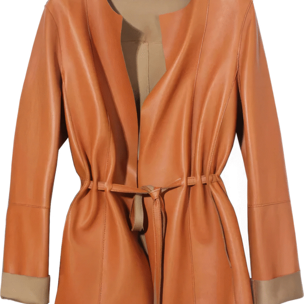 Womens Orange Genuine Sheepskin Round Neck Casual European Streetwear Top Fashion Pleated Simple Classic Leather Coat