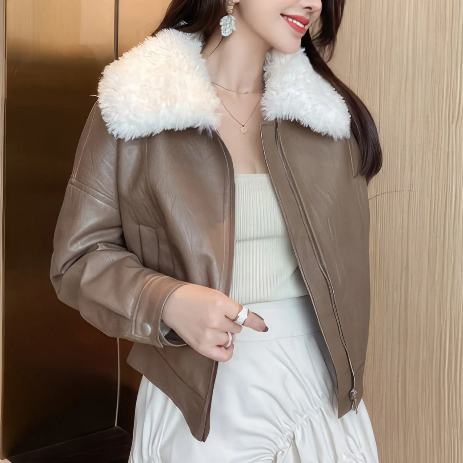 Womens Brown Genuine Sheepskin Sherpa Shearling Faux Fur Lined Korean Style Oversized Winter Warm Motorcycle Leather Jacket