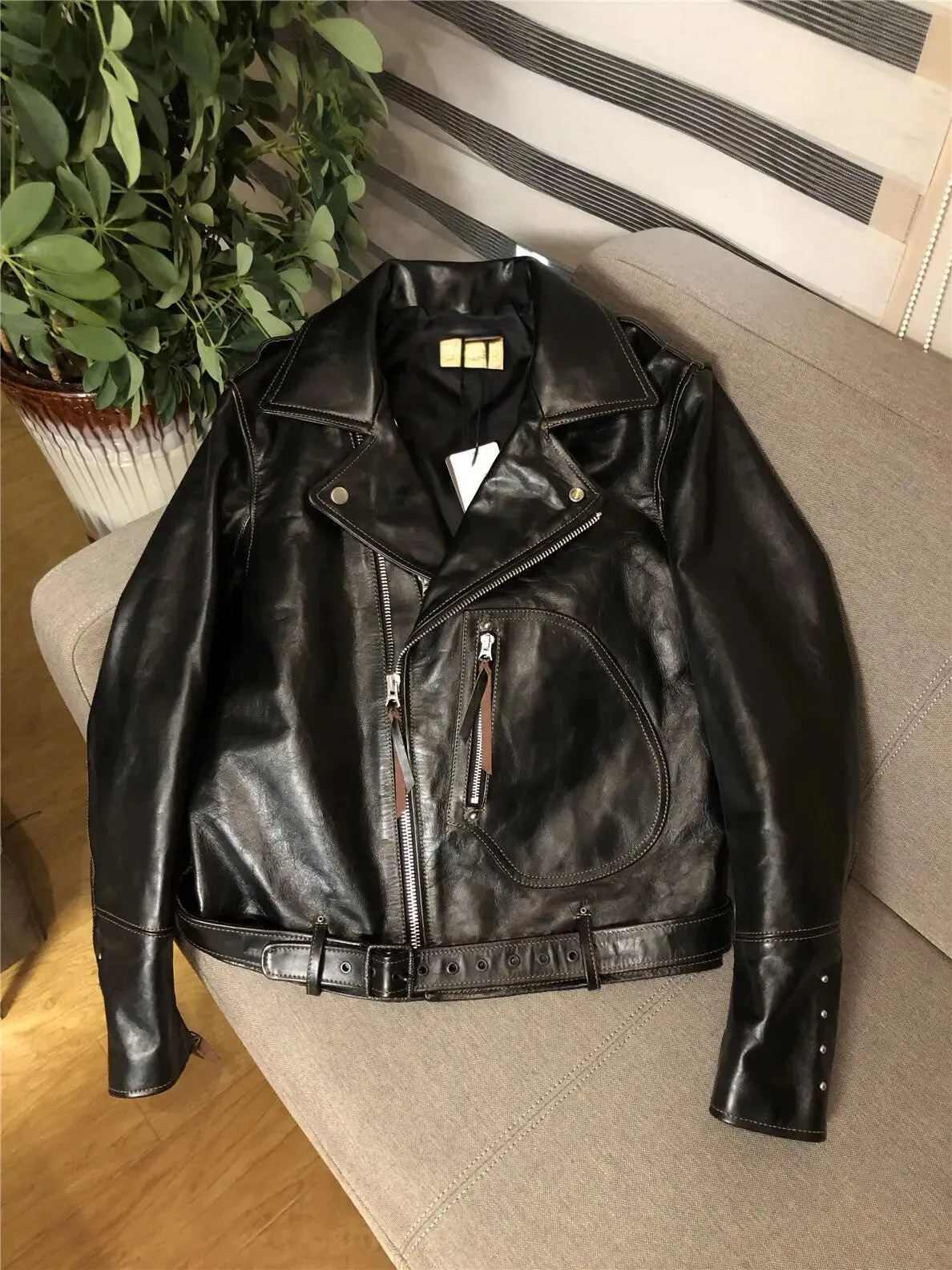 Men's Classic Luxury Brand Motorcycle Rider Leather Jacket - Image 3