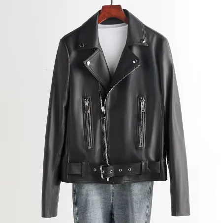 Women's Genuine Sheepskin Leather Motorcycle Jacket with Suit Collar