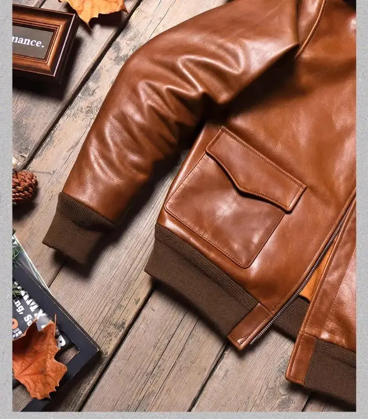 Men's Classic A-2 Cowhide Leather Bomber Jacket - Luxury Air Force Style - Image 4