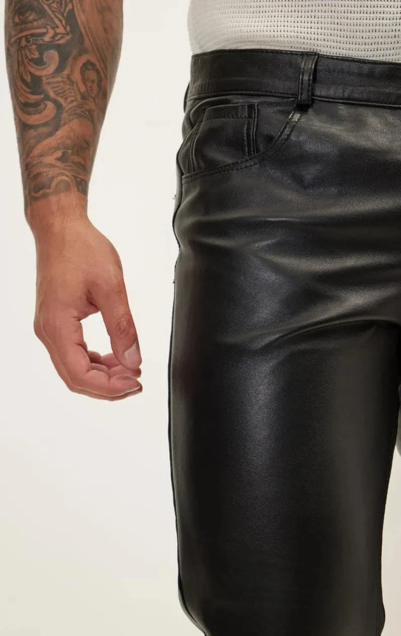 Men's Slim-Fit Classic Zipper Pants - Genuine Lambskin Leather - Image 2