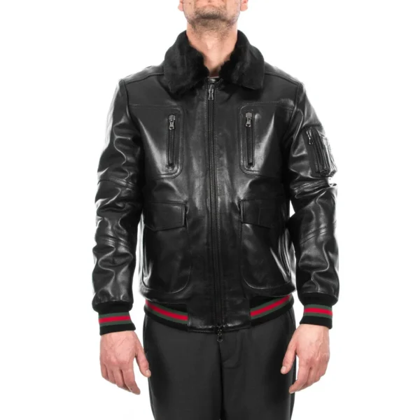 Handmade Men's Genuine Lambskin Leather Bomber Jacket with Removable Fur Collar