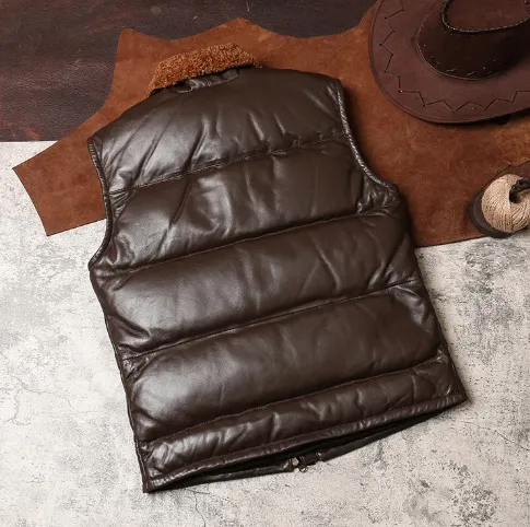 Men's Genuine Sheepskin Leather Winter Vest Jacket - Image 3