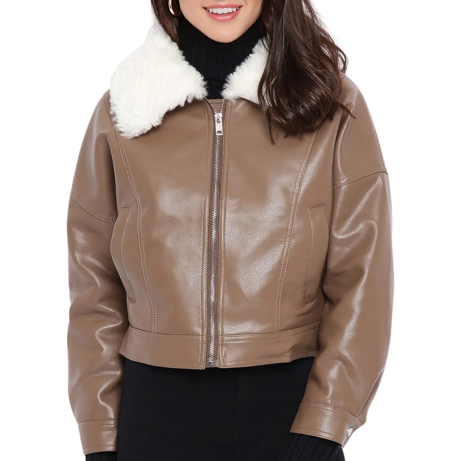 Womens Brown Genuine Sheepskin Sherpa Shearling Faux Fur Lined Korean Style Oversized Winter Warm Motorcycle Leather Jacket - Image 6