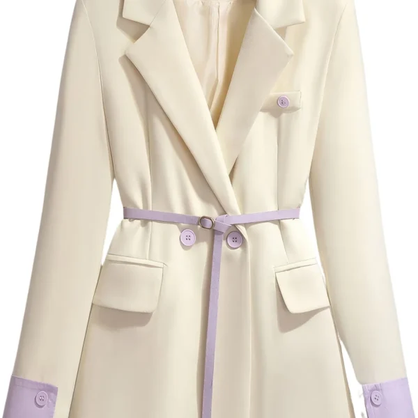 Women’s Off-White PU Faux Double Breasted Korean Style Classic Fashionable Purple Belted Casual Streetwear Office Leather Blazer