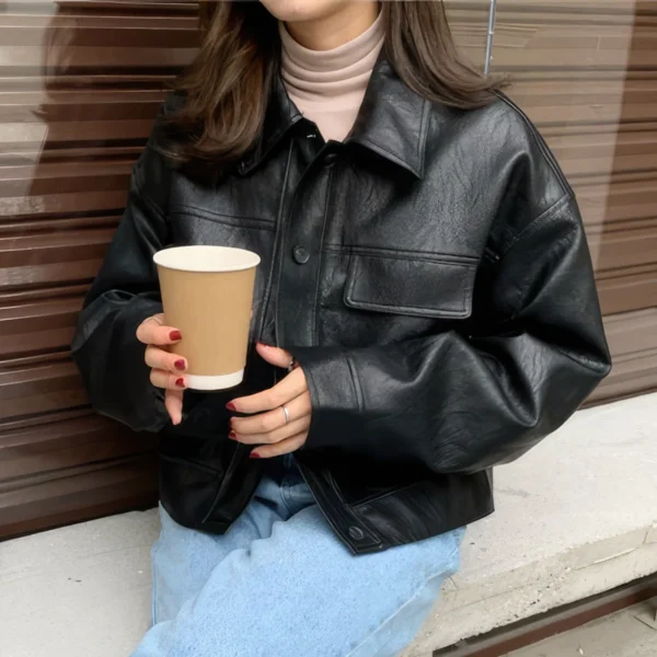 Womens Black Genuine Sheepskin Drop Shoulders Casual Classic Motor Biker Racer Short Fashionable Lightweight Leather Jacket