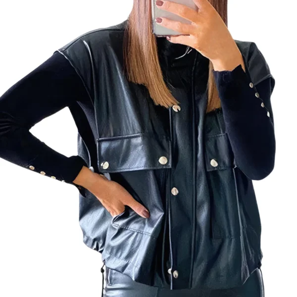 Womens Black Biker Genuine Sheepskin Stand Collar Sleeveless Vest Moto CafÃ© Racer Casual Loose Leather Waistcoat