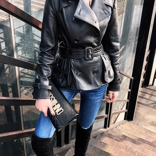 Womens Black Genuine Sheepskin Double Breasted Classic Moto Racing High-Street Style Belted Short Leather Trench Coat