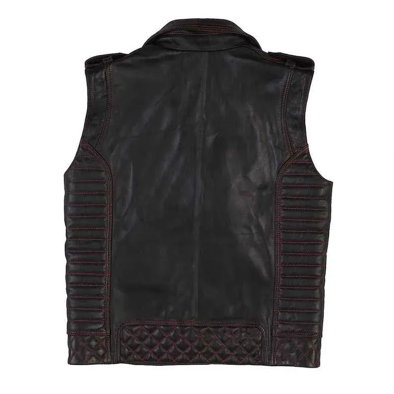 Men's Stylish Lambskin Leather Vest - Fully Quilted with Red Stitching - Image 2