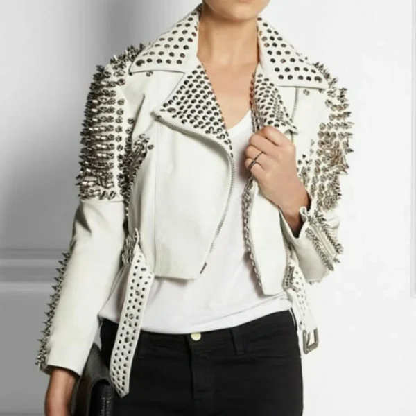 Trendy Style Women's Full White Punk Brando Spiked Studded Leather Jacket