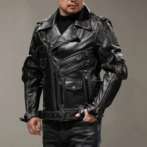 Men's Punk Style Genuine Cowhide Leather Motorcycle Jacket with Pockets