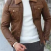 Men's Slim Fit Brown Leather Trucker Jacket with Fur Collar