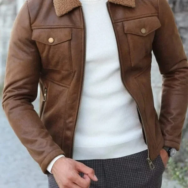 Men's Slim Fit Brown Leather Trucker Jacket with Fur Collar