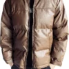Mens Coffee Genuine Sheepskin Stand Collar Winter Warm Casual Baggy Style Padded Puffer Leather Jacket