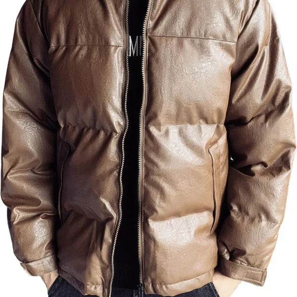 Mens Coffee Genuine Sheepskin Stand Collar Winter Warm Casual Baggy Style Padded Puffer Leather Jacket