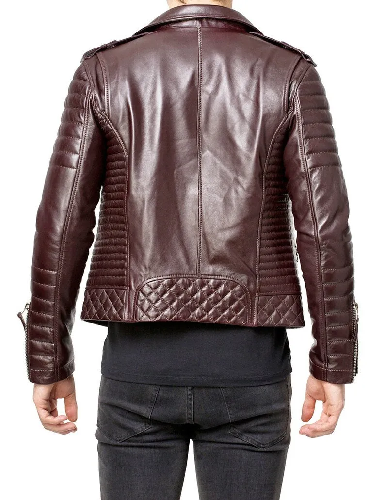 Men's Slim Fit Brown Lambskin Motorcycle Biker Leather Jacket - Image 2