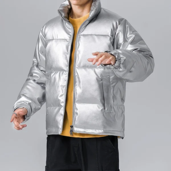 Mens Grey Genuine Sheepskin Stand Collar Winter Warm Casual Baggy Style Padded Puffer Leather Jacket