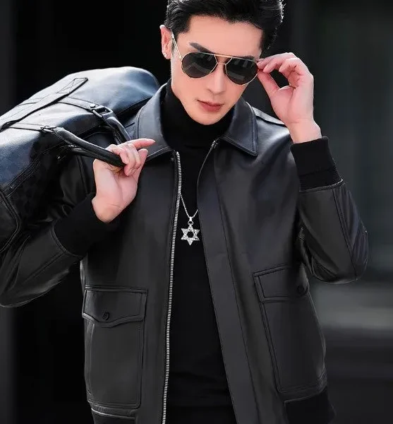 Men's Short Polo Collar Casual Sheepskin Coat