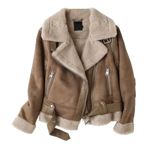 Womens Brown Vintage Genuine Suede Lambskin Crossover Lapel Collar Sherpa Shearling Faux Fur Lined Sporty Moto Biker Asymmetric Leather Jacket