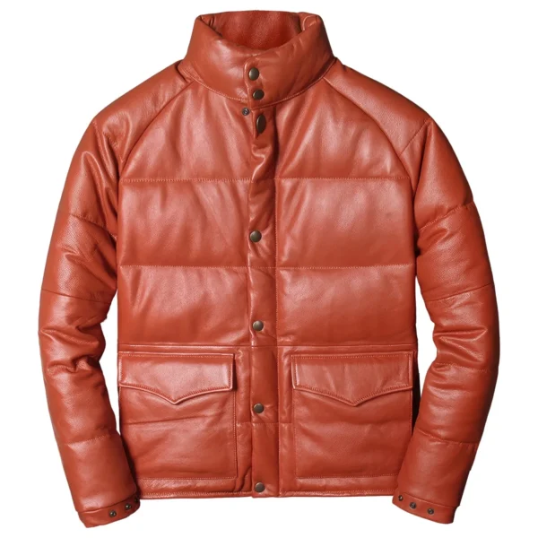 Mens Rust Genuine Sheepskin High Neck Padded Thick Winter Warm Casual Baggy Sporty Puffer Leather Jacket