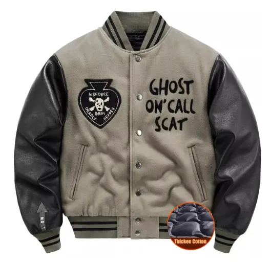 Men's Vintage Wool Splicing Flight Jacket with Leather Sleeves: Winter Cotton Pad Baseball Jersey