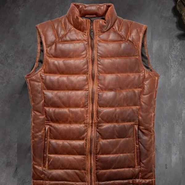 Men's Brown Leather Puffer Vest: Sleeveless Jacket, Perfect for Casual Wear, Genuine Leather