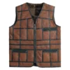 Mens Brown Genuine Sheepskin Leather Black Stripped Design Vest Classic Fashion Casual Distressed V-Neck Leather Waistcoat