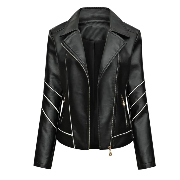 Womens Black Racer Genuine Sheepskin White Stripes Asymmetric Motorcycle Café Racer Slim Fit Sporty Leather Jacket
