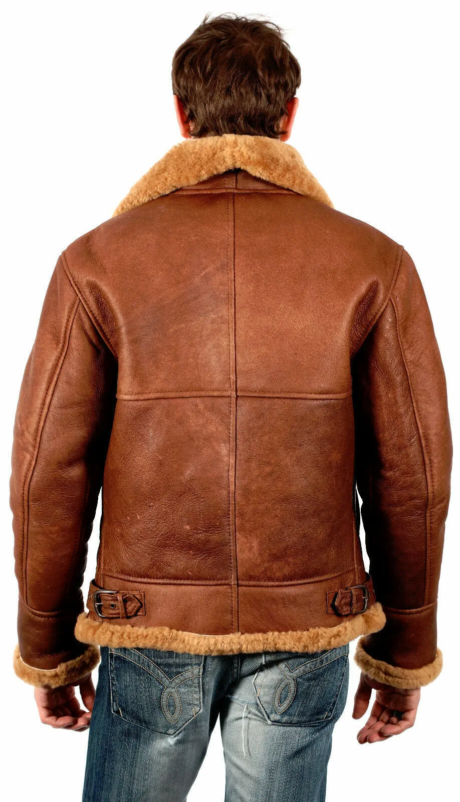 Men's Brown Aviator Genuine Shearling Leather Bomber Jacket - Fur Collar Upper Coat - Image 3