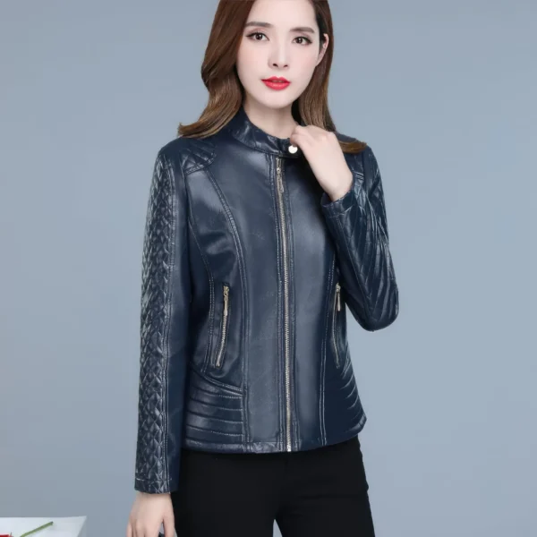Womens Blue Genuine Sheepskin Diamond Quilted Sleeves Smooth Lightweight Korean Fashion Slim Fit Retro Leather Jacket